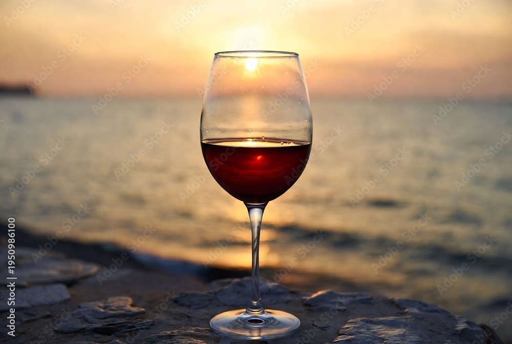 Obraz premium A glass of red wine rests on rocks at a sunset beach scene.