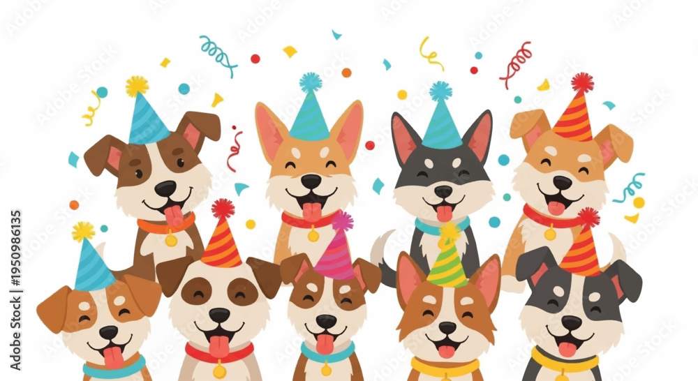 Obraz premium Happy dogs wearing party hats and colorful scarves celebrate with confetti on white background