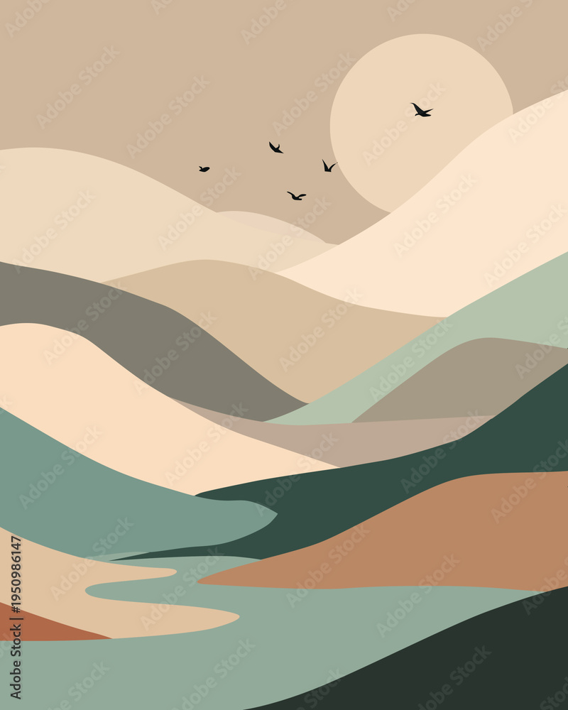 Obraz premium An abstract illustration depicts a serene mountain range landscape at sunset with rolling hills and a winding river.