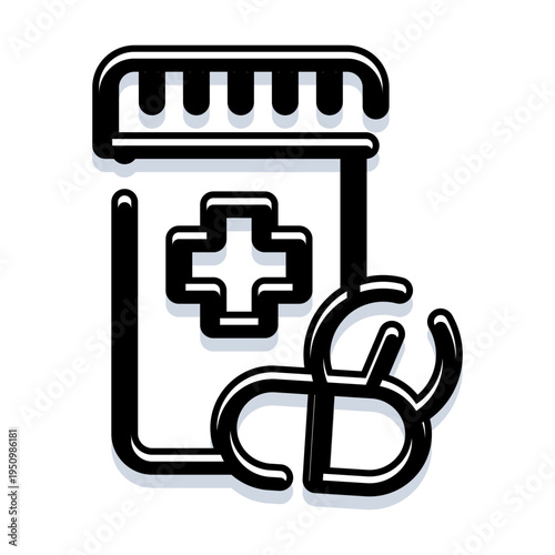 Medicine bottle with cross symbol and capsule representing healthcare, pharmacy, prescription medication, treatment, medical services, wellness and first aid on white background