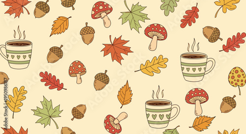Cozy Autumn Fall Seamless Pattern with Mushroom Maple Leaf Acorn Coffee Mug on Beige.Earthy Mycological Specimens with Fallen Maple Foliage. Autumnal Marketing Asset. Seasonal Hygge Concept.