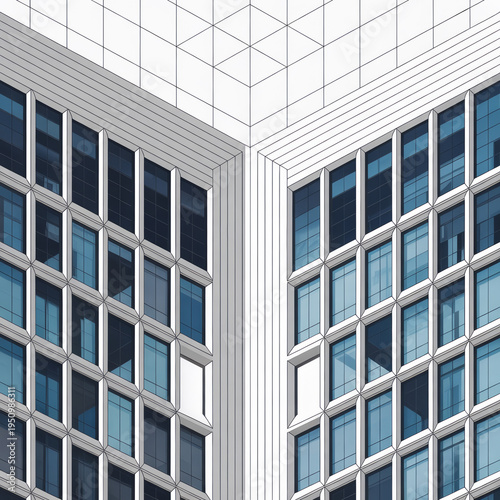 Corner view of two white office buildings with blue-tinted windows and geometric patterns