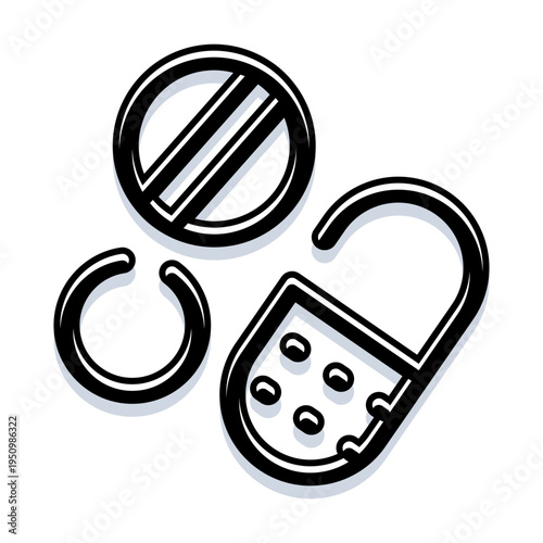 Round forbidden pill icon with open capsule spilling tablets, symbolizing drug abuse, medication overuse, overdose risk, prohibition, and the need for responsible healthcare and prevention choices