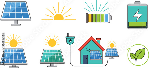 Solar Energy Icon Vector Set Featuring Solar Panels, Sun, Battery Storage, Eco House, Electric Plug and Renewable Power Technology Symbols
