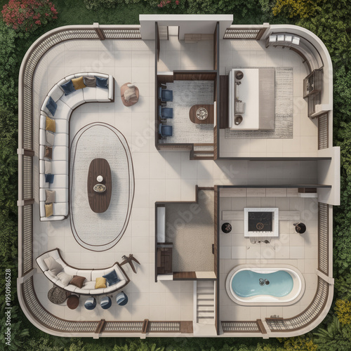 End american villa interior layout with pool and lounge areas