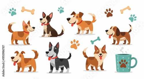 Cute dogs and dog accessories on white background colorful illustration for pet lovers and animal designs