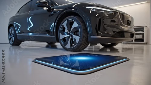 Wallpaper Mural A sleek black car parked next to a glowing blue square on the floor. Torontodigital.ca