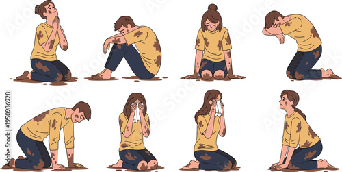 Sad muddy woman crying and kneeling in dirt, disaster survivor suffering poverty crisis concept, emotional human hardship illustration