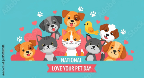 National love your pet day illustration with cute dogs cats and a bird celebrating pets on a pink and blue background with paw prints