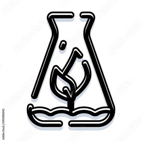 Laboratory flask icon containing a green plant seedling growing from liquid, symbolizing organic chemistry, eco friendly science, and sustainable biotechnology innovation