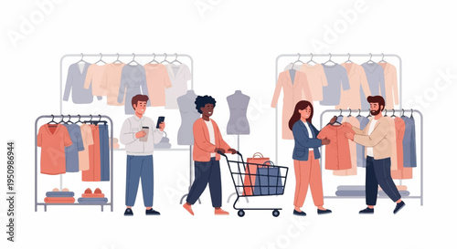 People shopping together in a clothing store with racks and cart