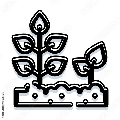 Plant growth cycle depicting emerging seedlings and a mature plant with leaves growing from the soil, illustrating agriculture, ecology, and natural development concepts