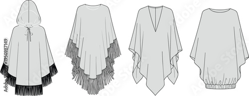 Women poncho and cape fashion flat sketch set with hood and fringe details, apparel technical drawing templates for clothing design and garment production