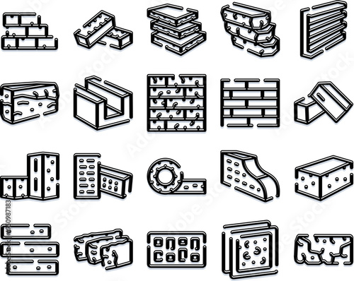 Building bricks and blocks set of line icons illustrating various types of masonry, construction materials, and architectural elements for design projects