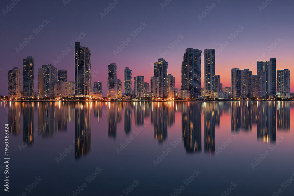 Fototapeta premium Metropolitan skyline reflection on calm bay at twilight with gradient sky and illuminated high rise buildings creating peaceful urban atmosphere