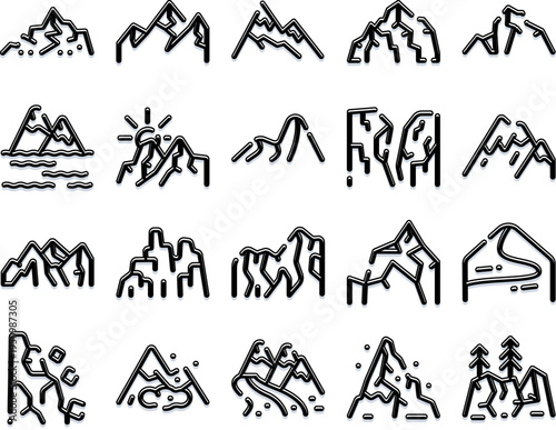Mountain peaks vector outline icons depicting various natural landscapes, representing concepts of adventure, travel, outdoor activities, hiking, and exploration in nature