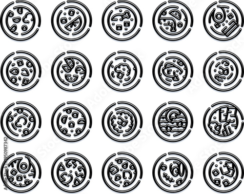 Variety of pizza icons and outlines showing different toppings and crust styles, ideal for web and app interfaces, menus, delivery services, and food related design projects