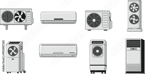 Air Conditioner and Cooling System Line Illustration Set Vector Collection of HVAC Units Portable AC Split System and Industrial Cooling Devices