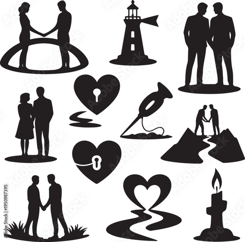 black silhouettes of people and objects on white background