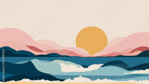 Photos A serene landscape with pastel colored mountains, a large sun, and calm waves on a beautiful day