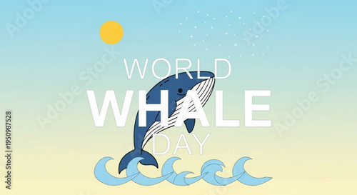 Whale jumping out of ocean waves under sunny sky with blue and yellow gradient background