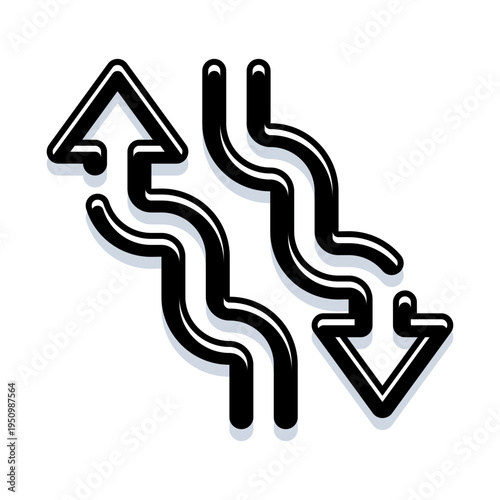 Black arrows illustrating an upward and downward zigzag fluctuation, symbolizing a dynamic process of movement, change, and varying trends on a clean white background
