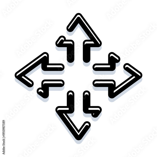 Geometric multi directional arrow icon expanding or contracting from a central point, creating a concept of connection, navigation, interface, and direction with a modern design