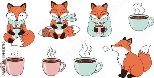 Cute Fox Drinking Hot Coffee Vector Illustration Set Featuring Adorable Woodland Fox Characters with Warm Drinks and Cozy Winter Moments