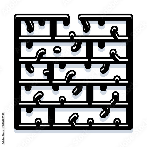 Intricate black and white maze pattern forming a challenging puzzle, featuring rounded shapes and dripping elements, representing complexity, problem solving, and strategic thinking