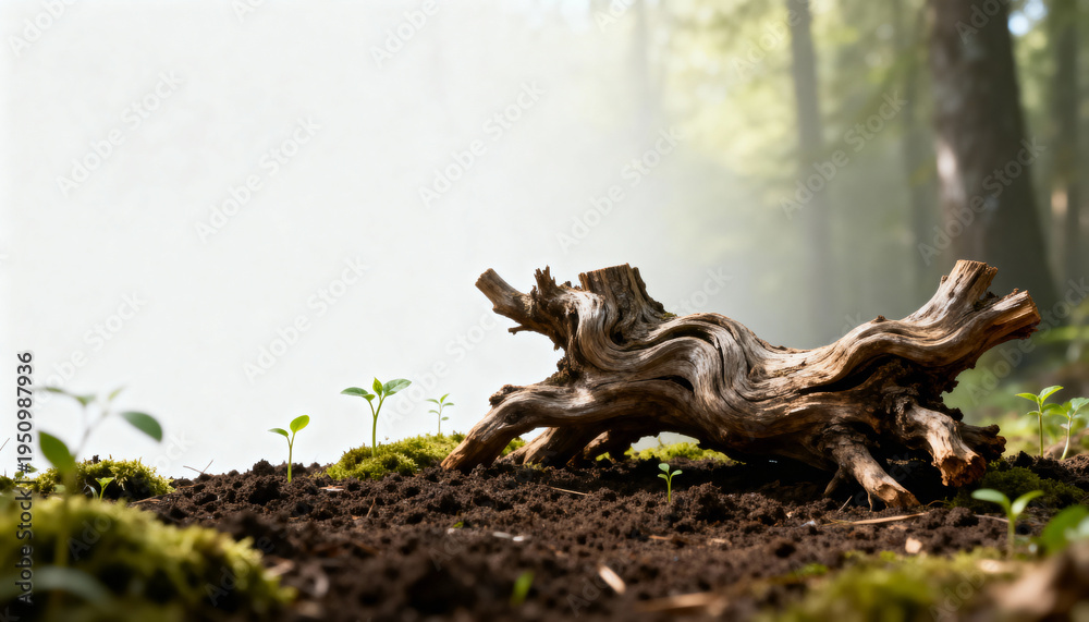 Fototapeta premium Twisted wooden log rests on rich soil, surrounded by small green seedlings, with soft sunlight filtering through trees, creating a serene forest atmosphere with copy space