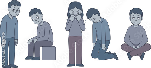 Sad depressed people feeling emotional stress, mental health sadness anxiety concept illustration, exhausted unhappy characters expressing loneliness and despair