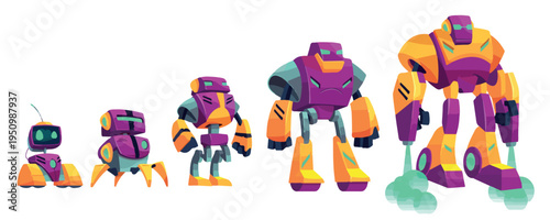 Print Cute Robot Character Evolution Set – Colorful Sci‑Fi Mech Stages Illustration
