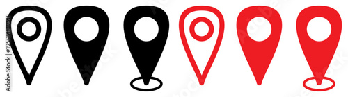 Map location pin icon set in outline and solid styles, GPS marker and geolocation symbol vector collection.