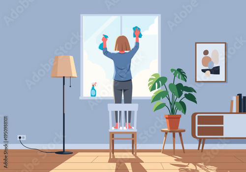 Young woman cleaning window at home