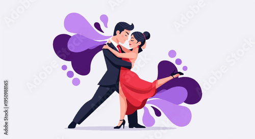 Couple dancing tango with passion elegant man and woman in red dress and black suit romantic movement with purple hearts