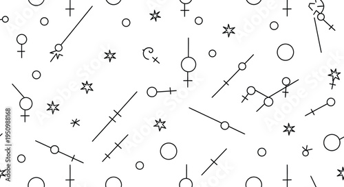 Minimalist Astrology Celestial Symbol Seamless Pattern with Venus Stars Circles on White.Esoteric Planetary Sigils with Sacred Geometric Alignments. Mystical Branding Asset. Cosmic Wisdom Concept.