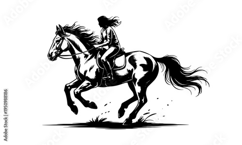 Black and white vector illustration of a female rider galloping on a horse, perfect for equestrian sport, cowgirl, jockey, and horseback riding designs on logos, prints, and tattoos