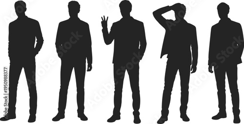 Set of standing men silhouettes collection with different casual and business poses male people shadow figures isolated vector illustration bundle design
