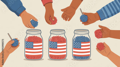 Diverse hands putting colored balls into american flag jars for voting or election concept