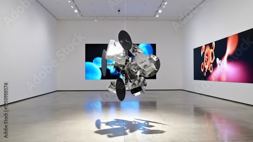 Modern Sculpture Suspended in Art Gallery With Digital Screens Displaying Abstract Visuals
