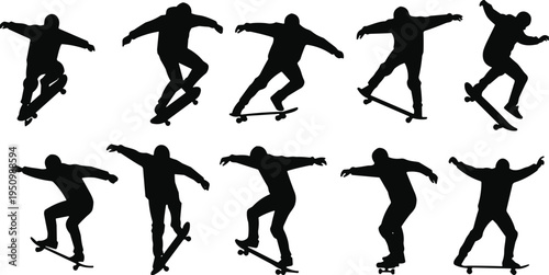 Skateboarder performing tricks silhouettes set, extreme skateboarding action poses vector illustration collection isolated for urban sport design