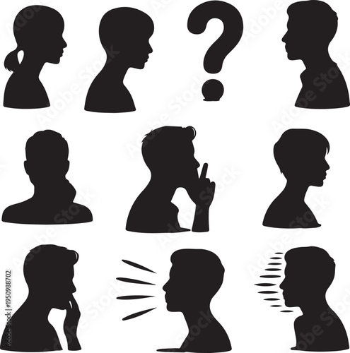 black silhouettes of people talking and thinking in various poses