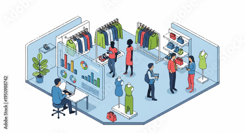 People shopping and working in a modern clothing store with racks and displays