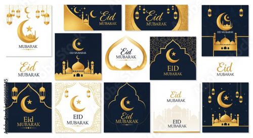Eid mubarak islamic celebration cards with gold moon and mosque designs on dark blue and white backgrounds