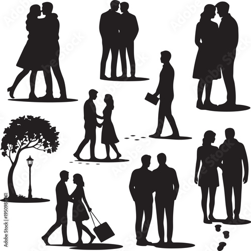 black silhouettes of people standing and walking in various poses