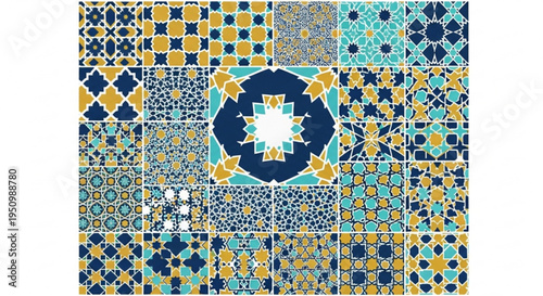 Vibrant mosaic tiles in shades of blue yellow and white arranged in a colorful geometric pattern on a plain background