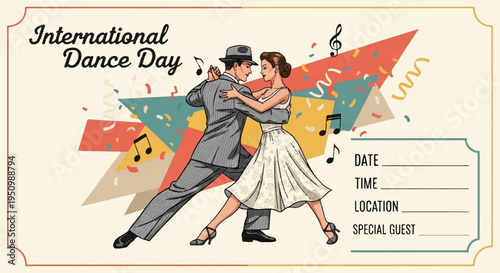 Vintage couple dancing tango on international dance day with colorful star background and music notes