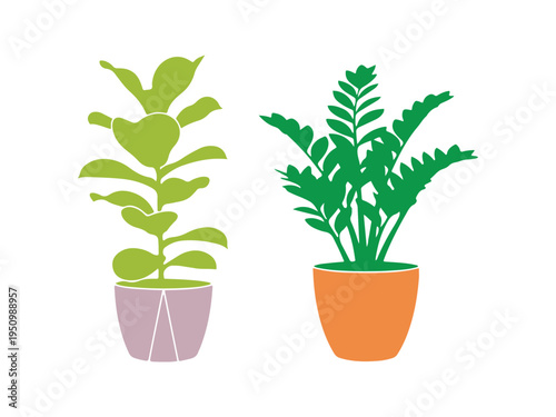 Variety of indoor greenery in modern planters, colorful illustration.