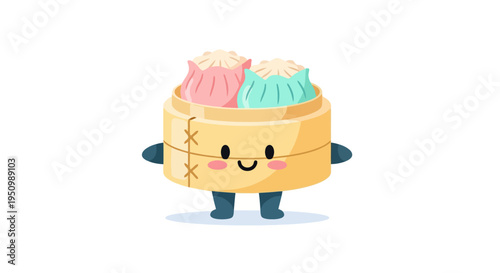 Cartoon Dim Sum Dumplings in Bamboo Steamer with Cheerful Face Smiling Representing Food Cuisine and Asian Delights Isolated on White