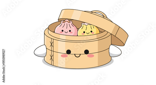 Cartoon Dim Sum Displaying Two Small Buns Inside a Bamboo Steamer Basket With a Smiling Face Showing Warmth and Delight Food